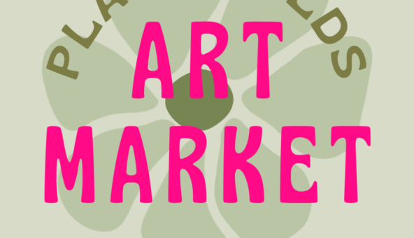 A light green illustration of a flower with the works "Platt Fields Art Market".
