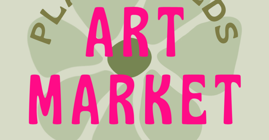 A light green illustration of a flower with the works "Platt Fields Art Market".