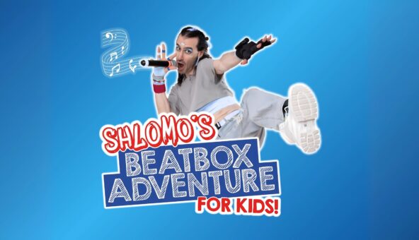The beatboxer Shlomo jumping up into the air and holding a microphone. The words 'Shlomo's Beatbox Adventure for Kids!' sit over the picture.