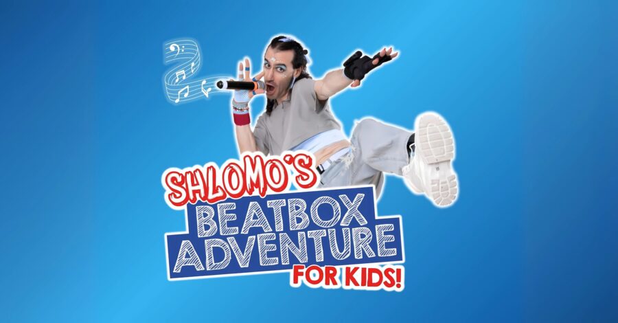 The beatboxer Shlomo jumping up into the air and holding a microphone. The words 'Shlomo's Beatbox Adventure for Kids!' sit over the picture.