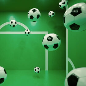 Multiple floating footballs inside a green room with white goalpost markings on the walls. The perspective and reflections create an illusion of depth, making it appear as if the balls are suspended in mid-air.