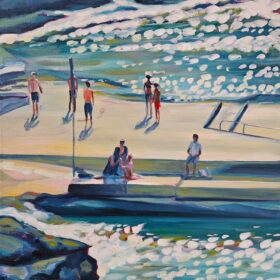A painting, by Katie patel, of people stood taking in the last rays of sun.