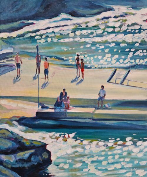 A painting, by Katie patel, of people stood taking in the last rays of sun.
