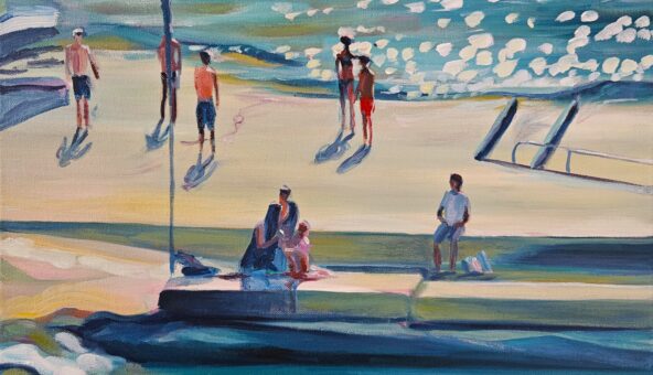 A painting, by Katie patel, of people stood taking in the last rays of sun.