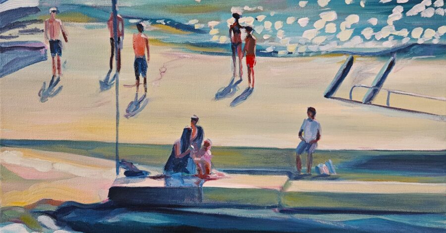 A painting, by Katie patel, of people stood taking in the last rays of sun.