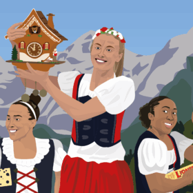 Three Lionesses players in Swiss attire