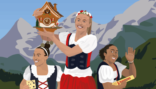 Three Lionesses players in Swiss attire