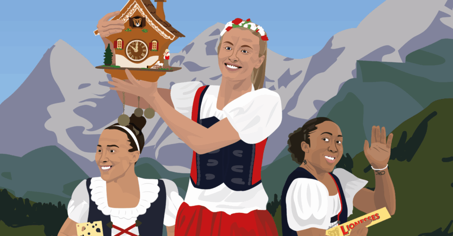Three Lionesses players in Swiss attire