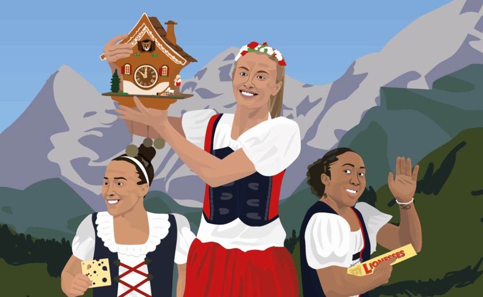 Three Lionesses players in Swiss attire