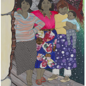 A painted and collaged artwork, showing three women standing together one holds a baby, they are all wearing clothes made from bright or patterned fabrics.