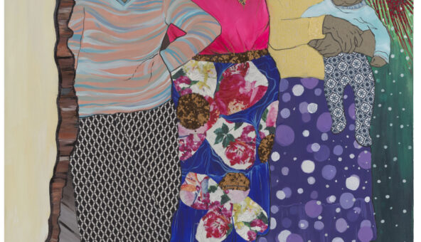 A painted and collaged artwork, showing three women standing together one holds a baby, they are all wearing clothes made from bright or patterned fabrics.