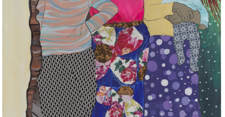 A painted and collaged artwork, showing three women standing together one holds a baby, they are all wearing clothes made from bright or patterned fabrics.