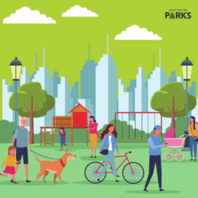Animated image of park with city skyline