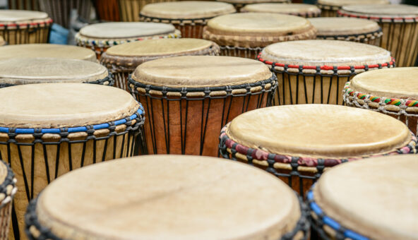 A number of large drums laid out in rows.