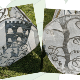 Two paper lanterns with fairytale images