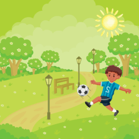 Animated child playing football in park