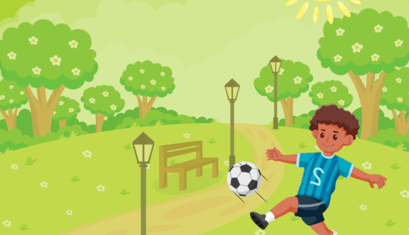Animated child playing football in park