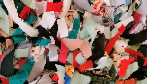 Red, green and white textile cuttings.