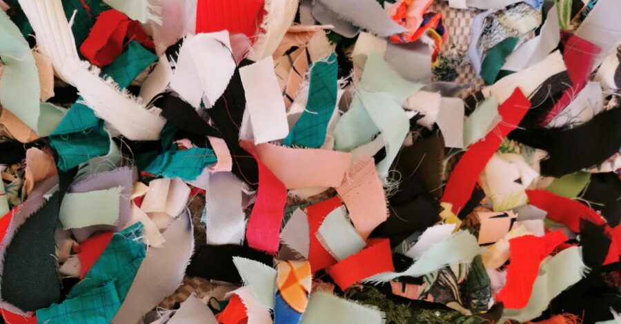 Red, green and white textile cuttings.