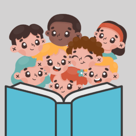 cartoon image of children crowded around a giant blue book