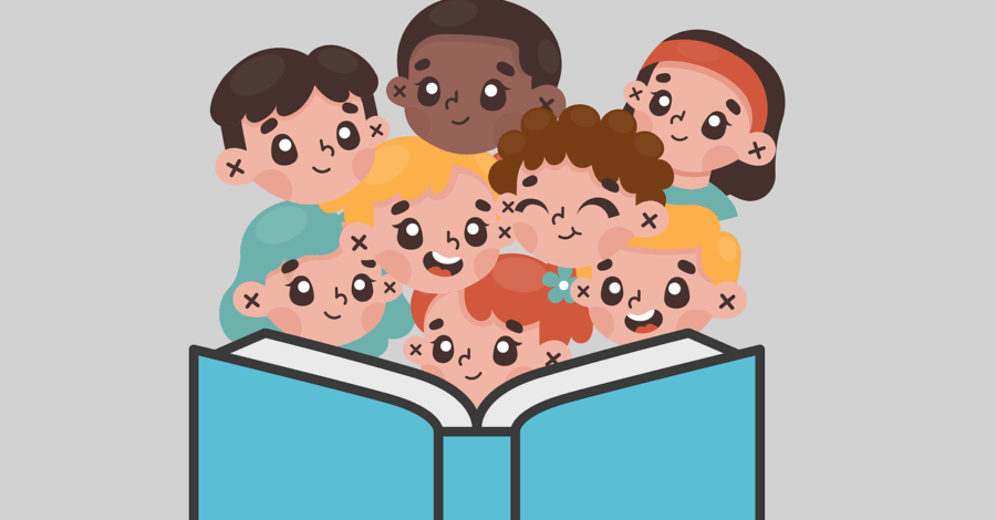 cartoon image of children crowded around a giant blue book