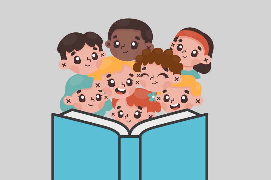cartoon image of children crowded around a giant blue book