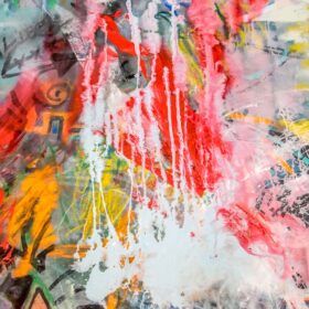 A large abstract artwork made up of lots of different colours.