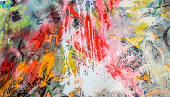 A large abstract artwork made up of lots of different colours.