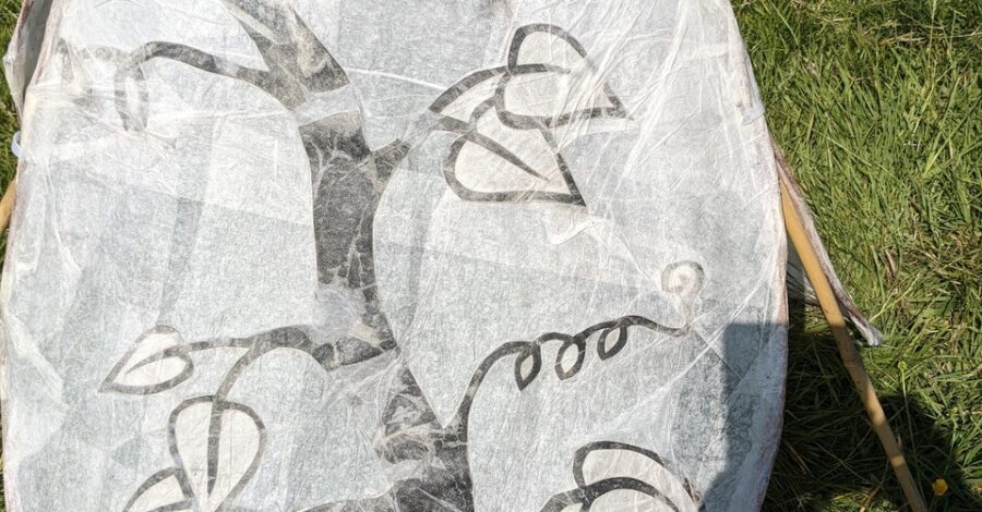 A hand-crafted paper lantern lying on the grass.