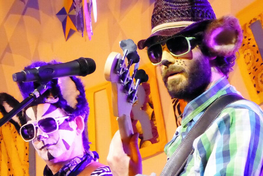 A close-up of two members of Rockin' Rhinos playing their musical instruments on stage.