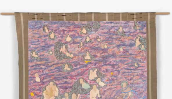 An abstract piece of textiles artwork created with grey, pink and yellow colours.
