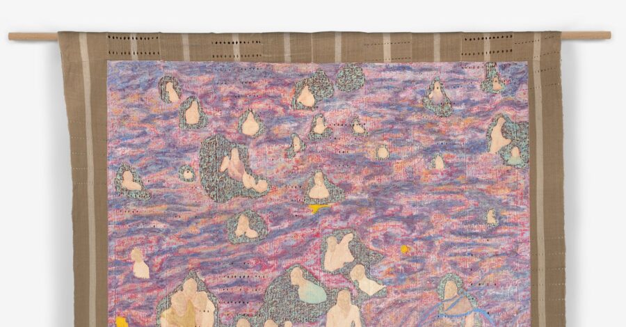 An abstract piece of textiles artwork created with grey, pink and yellow colours.