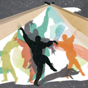 An illustration of a circus tent with lots of different coloured human silhouettes inside it.