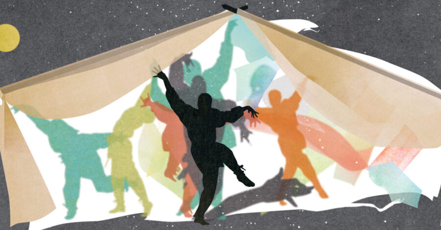 An illustration of a circus tent with lots of different coloured human silhouettes inside it.