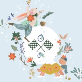 An illustration white circle with a hare at the top of it and a tortoise at the bottom of it. There are two chequered racing flags and, a clock and a whistle illustrated inside the white circle.