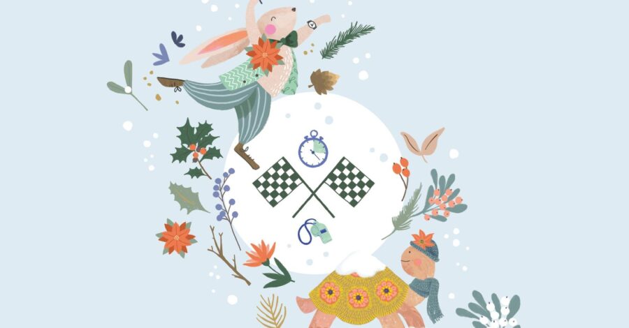 An illustration white circle with a hare at the top of it and a tortoise at the bottom of it. There are two chequered racing flags and, a clock and a whistle illustrated inside the white circle.