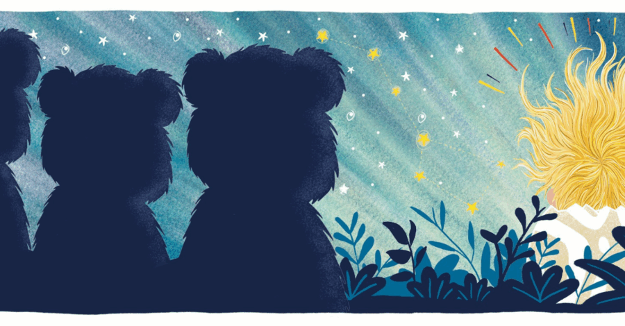 An illustration of the three bears featuring the silhouettes of three different sized bears looking out on a starry night sky.