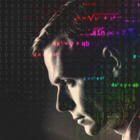 A black and white image of a profile picture of Alan Turing with formula and code in lots of bright neon colours projected over the top.