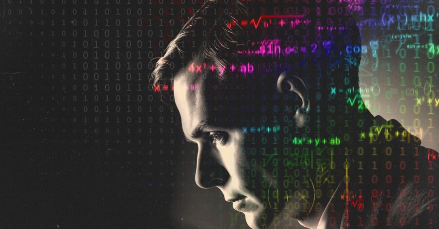 A black and white image of a profile picture of Alan Turing with formula and code in lots of bright neon colours projected over the top.