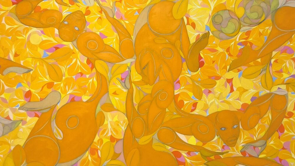 A piece of artwork by British-Nigerian artist Tunji Adeniyi-Jones in yellow, orange and brown hues.