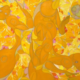 A piece of artwork by British-Nigerian artist Tunji Adeniyi-Jones in yellow, orange and brown hues.