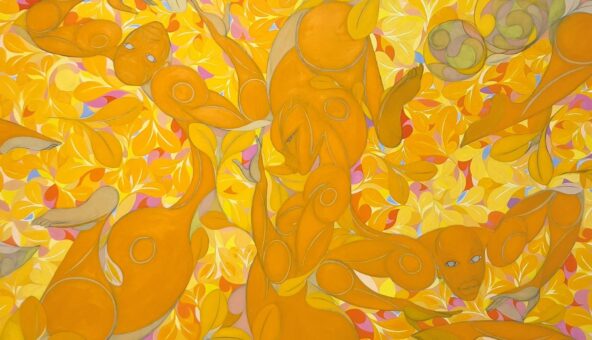 A piece of artwork by British-Nigerian artist Tunji Adeniyi-Jones in yellow, orange and brown hues.
