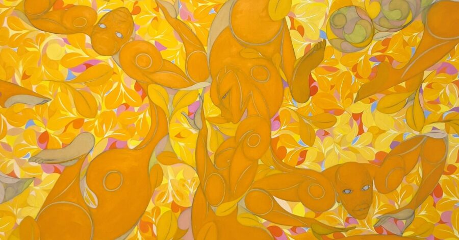 A piece of artwork by British-Nigerian artist Tunji Adeniyi-Jones in yellow, orange and brown hues.