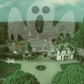 Wythenshawe Hall with a cartoon ghost hovering over it.