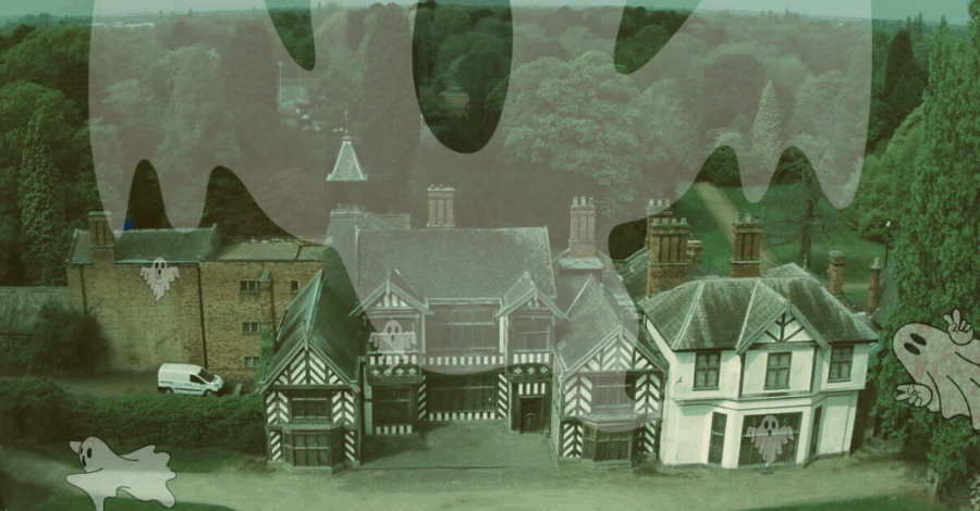 Wythenshawe Hall with a cartoon ghost hovering over it.
