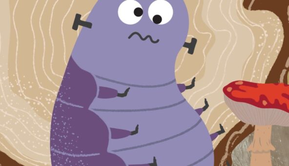 An illustration of a large purple bug with two antennaes and a puzzled expression on its face.