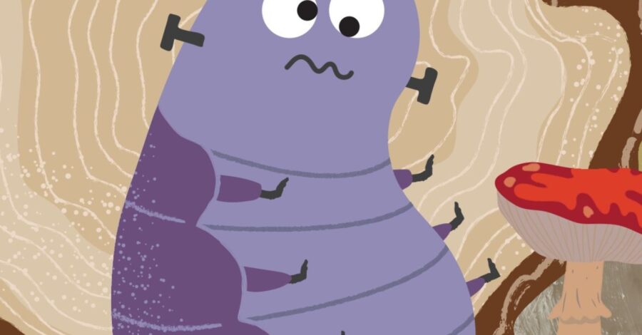 An illustration of a large purple bug with two antennaes and a puzzled expression on its face.