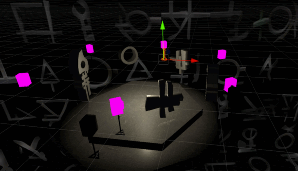 Inside the Aura Machine image - a computer image of inside 3d space with sculptures and speakers