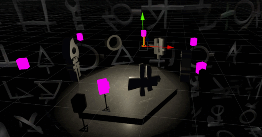 Inside the Aura Machine image - a computer image of inside 3d space with sculptures and speakers