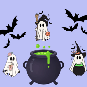 An illustration with a black cauldron overflowing with green liquid. There are also three traditional white-sheet draped ghosts and six bats, on a lilac-coloured background.